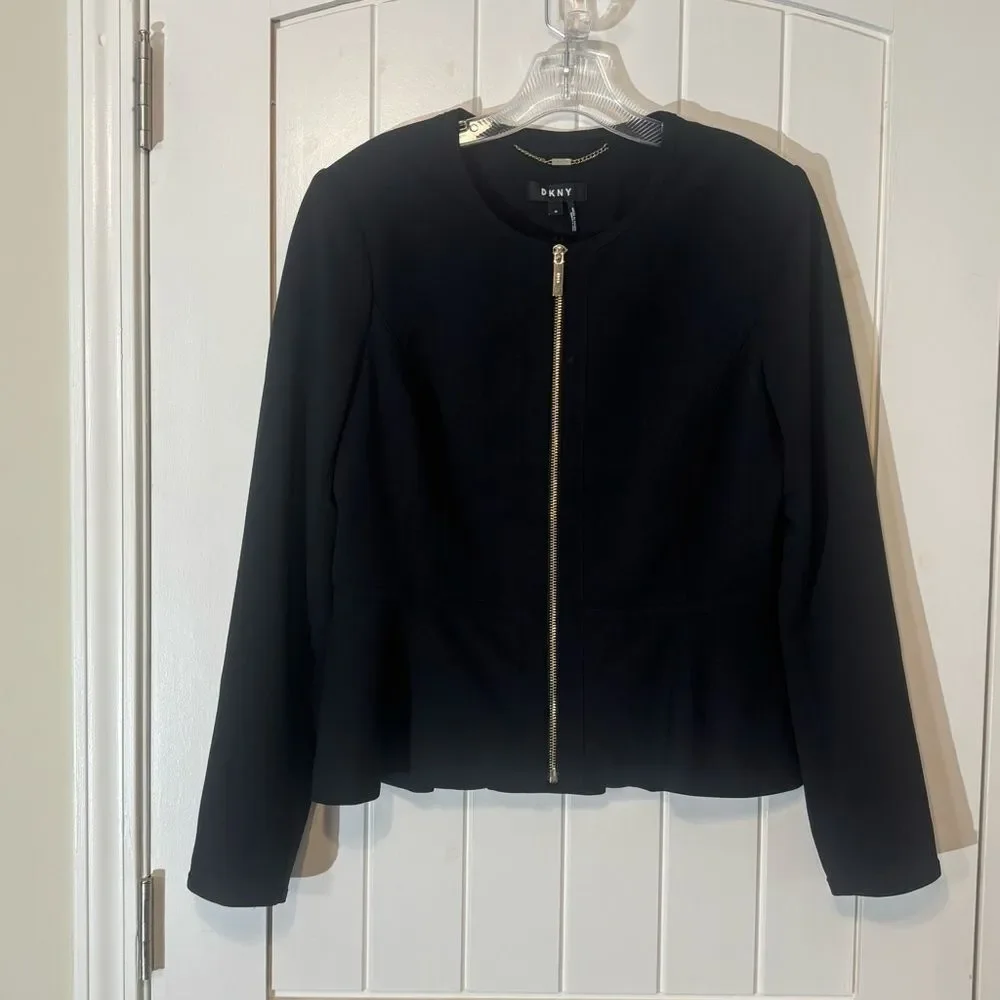 DKNY Black Women's Peplum Blazer Jacket Collarless Crew Neckline Gold Front Zip